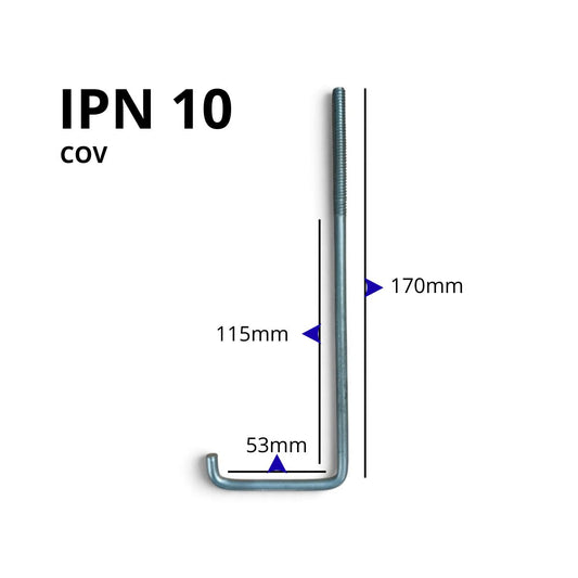 Se muestran las medidas del gancho galvanizado IPN 10 largo. 53 mm x 170 mm x 115 mm.