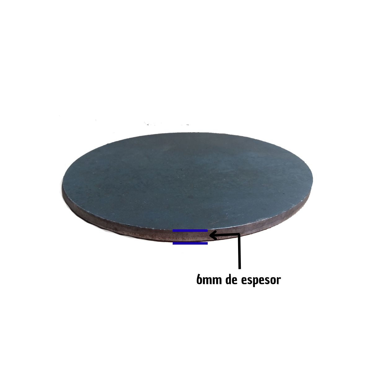 Se muestra con flecha y texto espesor o calibre (6mm) del Flanche de hierro 150x6mm sin huecos.