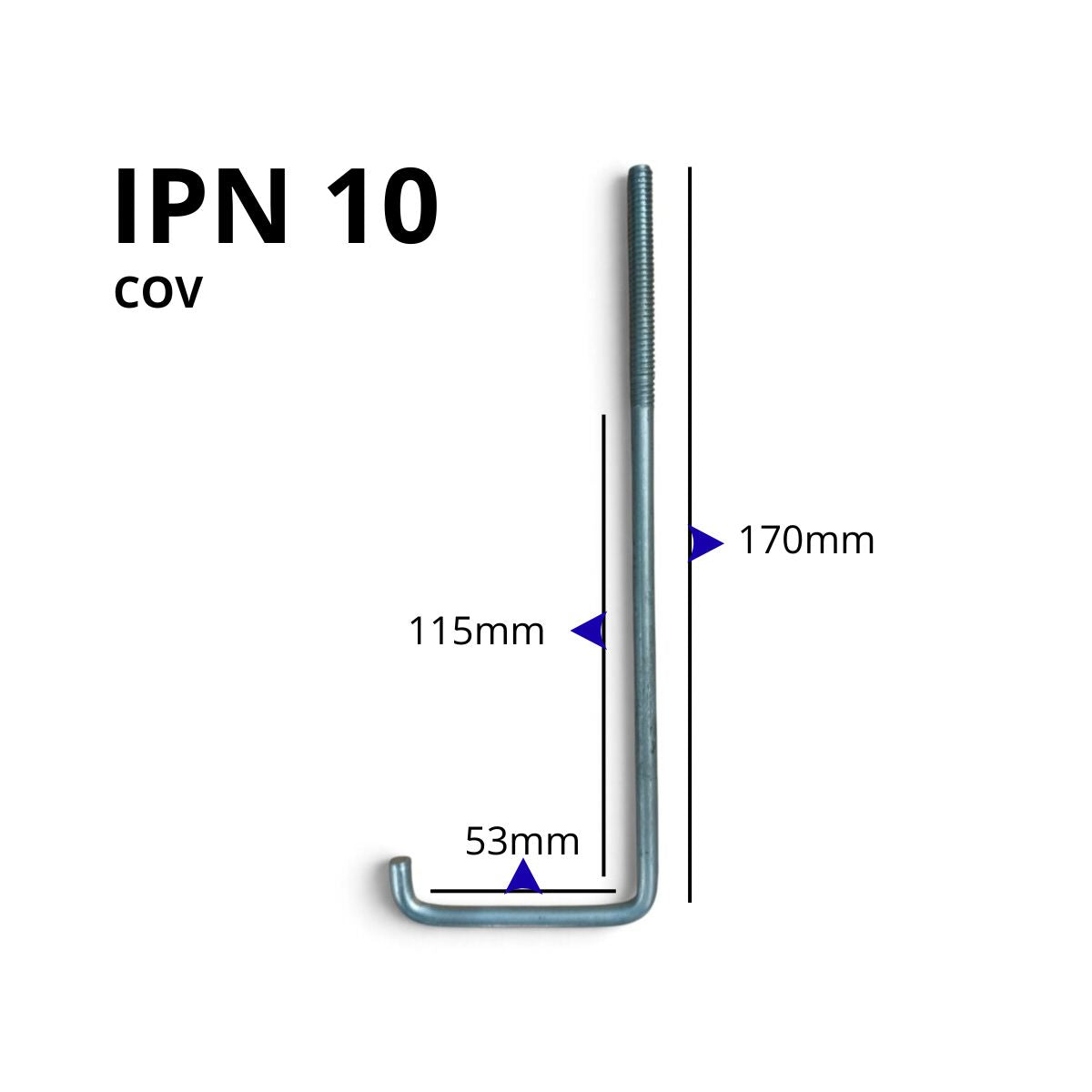 Se muestran las medidas del gancho galvanizado IPN 10 largo. 53 mm x 170 mm x 115 mm. 