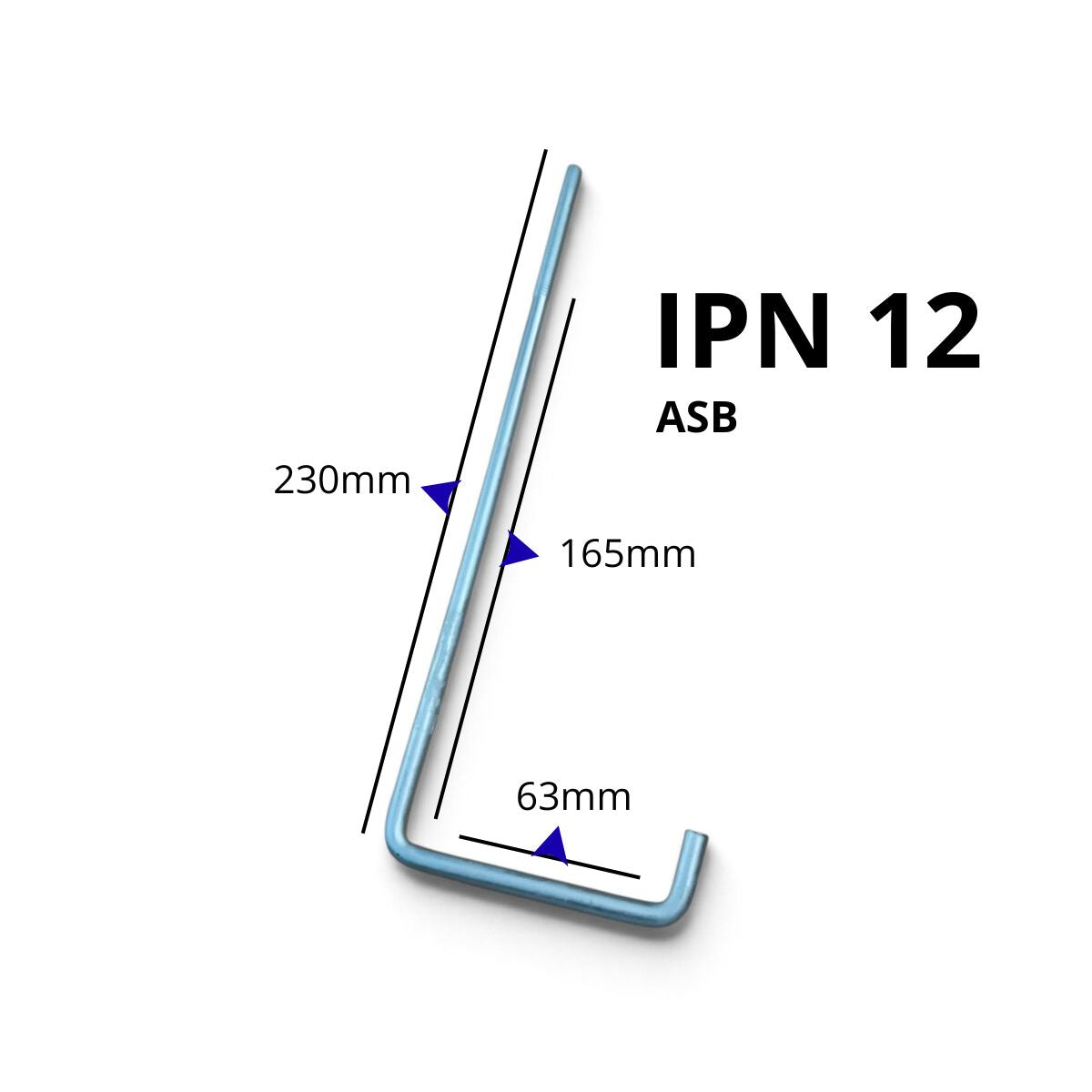 Acotado del gancho galvanizado para viga IPN 12 para perfiles largos ASB. 230 mm largo total, 165 mm largo sin rosca y 63 mm del ancho de la base.