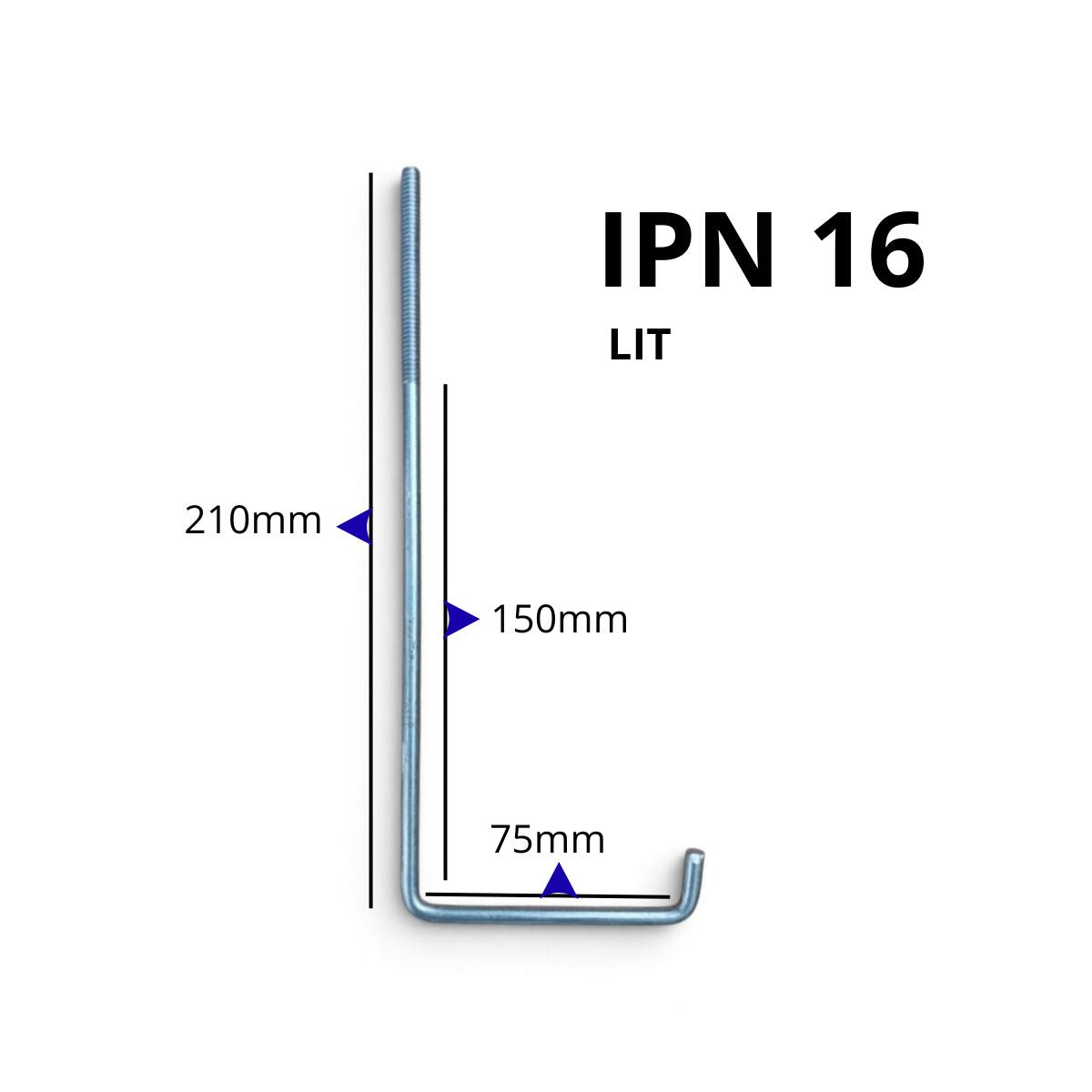 Alto total, alto sin rosca y ancho del gancho IPN 16 corto galvanizado para vigas detalladamente acotado 210 mm x 150 mm x 75 mm.