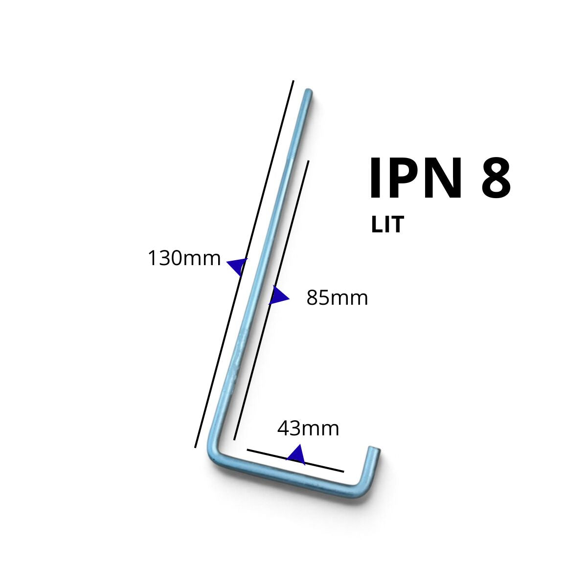 Dimensiones del gancho para techo IPN 8 corto. Largo total: 130 mm, Largo sin rosca: 85 mm, Ancho: 43 mm.