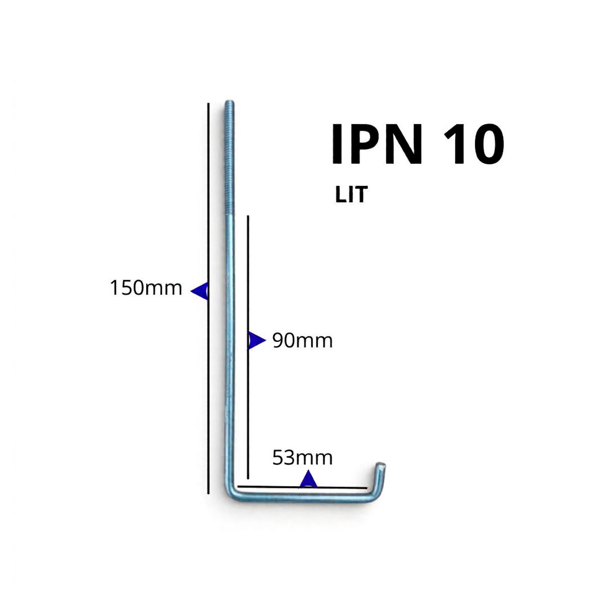 Acotado del gancho galvanizado IPN 10 corto con las siguientes medidas: 150 mm x 53 mm x 90 mm.