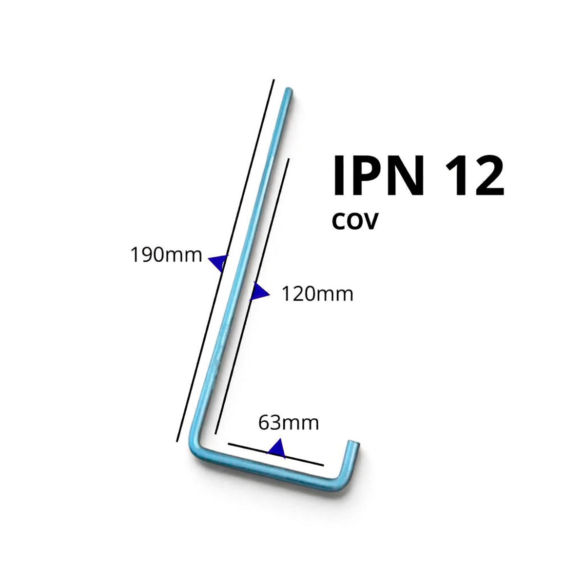 Medidas del gancho IPN 12 largo para viga o correa. 63 mm ancho, 190 mm largo total, 120 mm largo sin rosca.