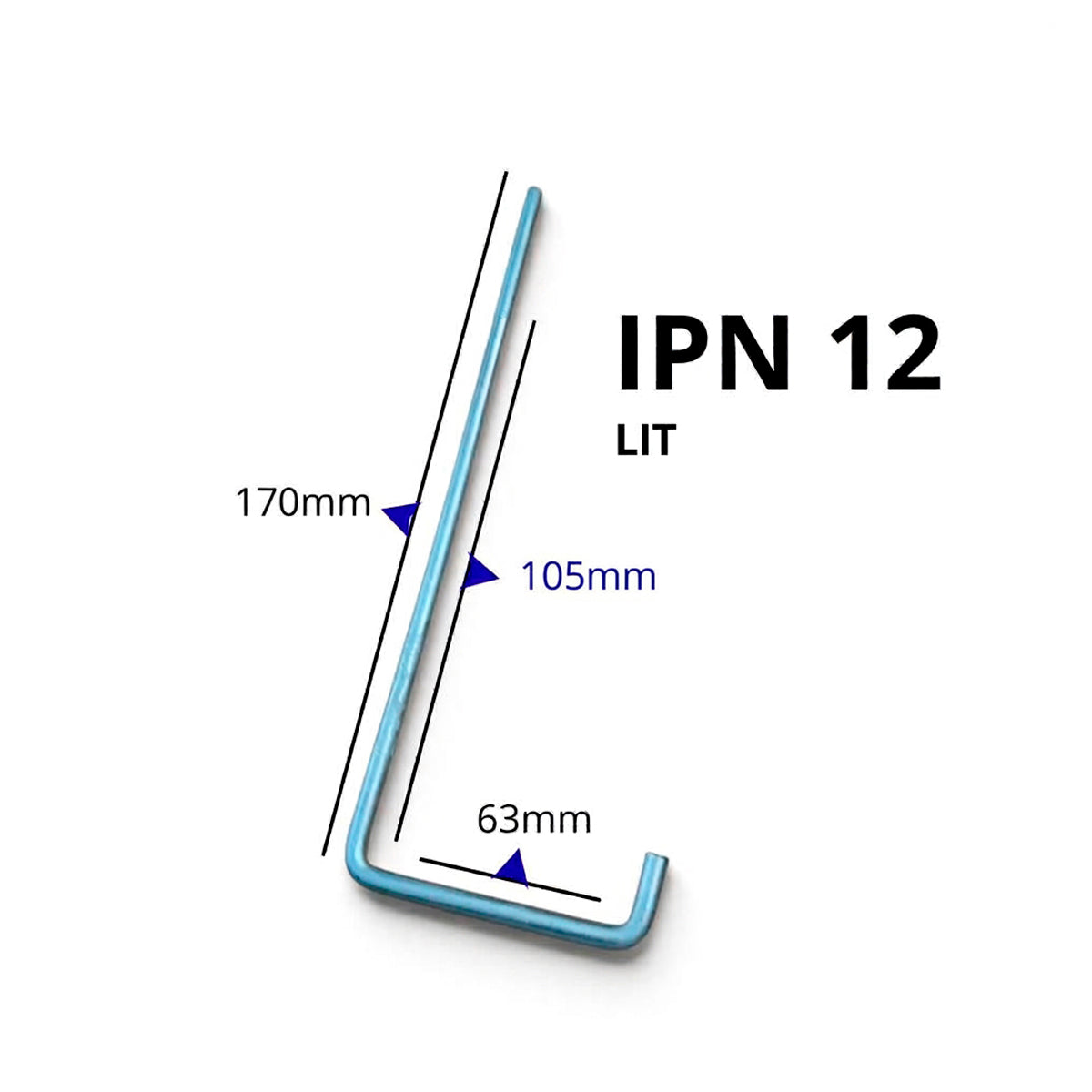Acotado del gancho para viga IPN 12 corto con 170mm de largo por 63 mm de base por 105 mm parte lisa.