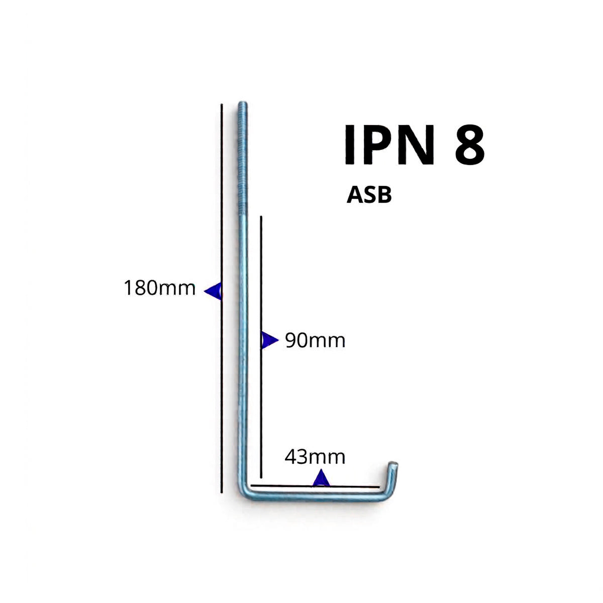 Se muestra acotado del gancho IPN 8 ASB con las medidas: 180 mm de largo, 43 mm de ancho y 90 mm parte lisa.