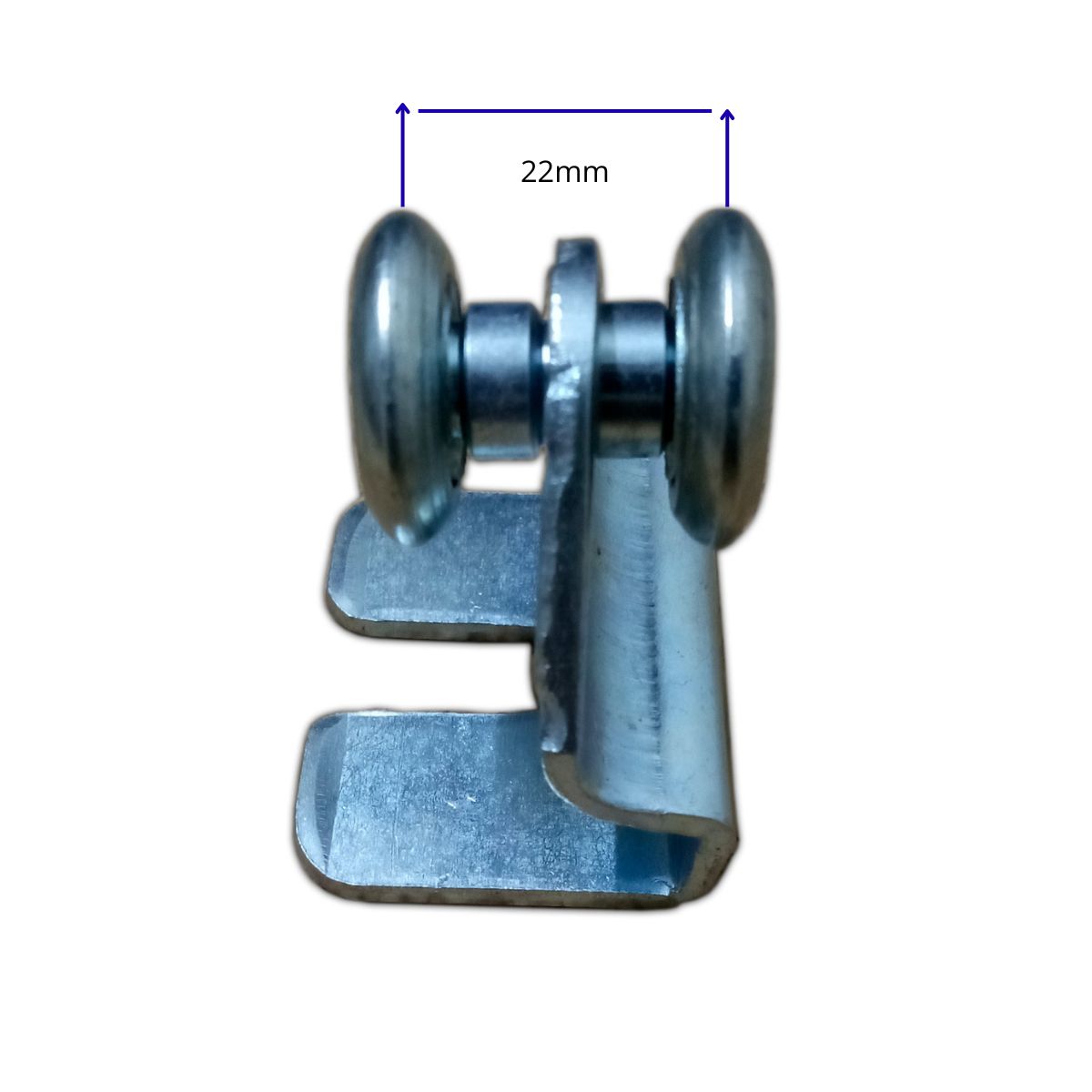 Garrucha para Portón Liviano de 1 1/4" con 2 Ruedas R25 color plateado mostrando medidas ancho del riel 22mm