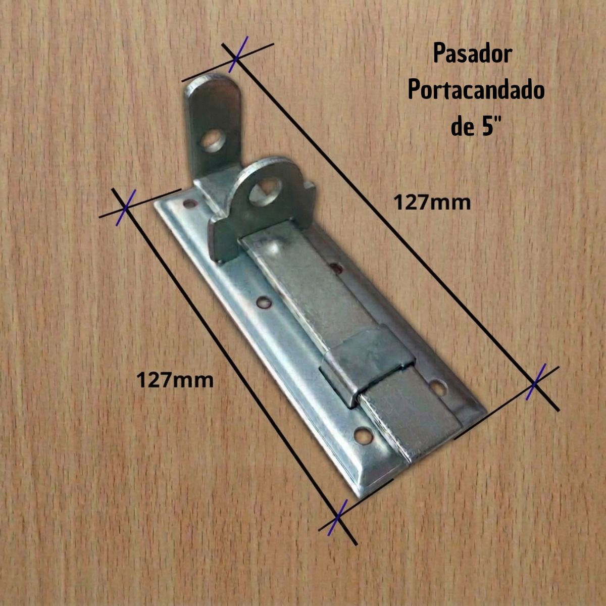 Medida del pasador portacandado de 5 pulgadas con 127mm de largo en la base y 127mm de largo en el perno.