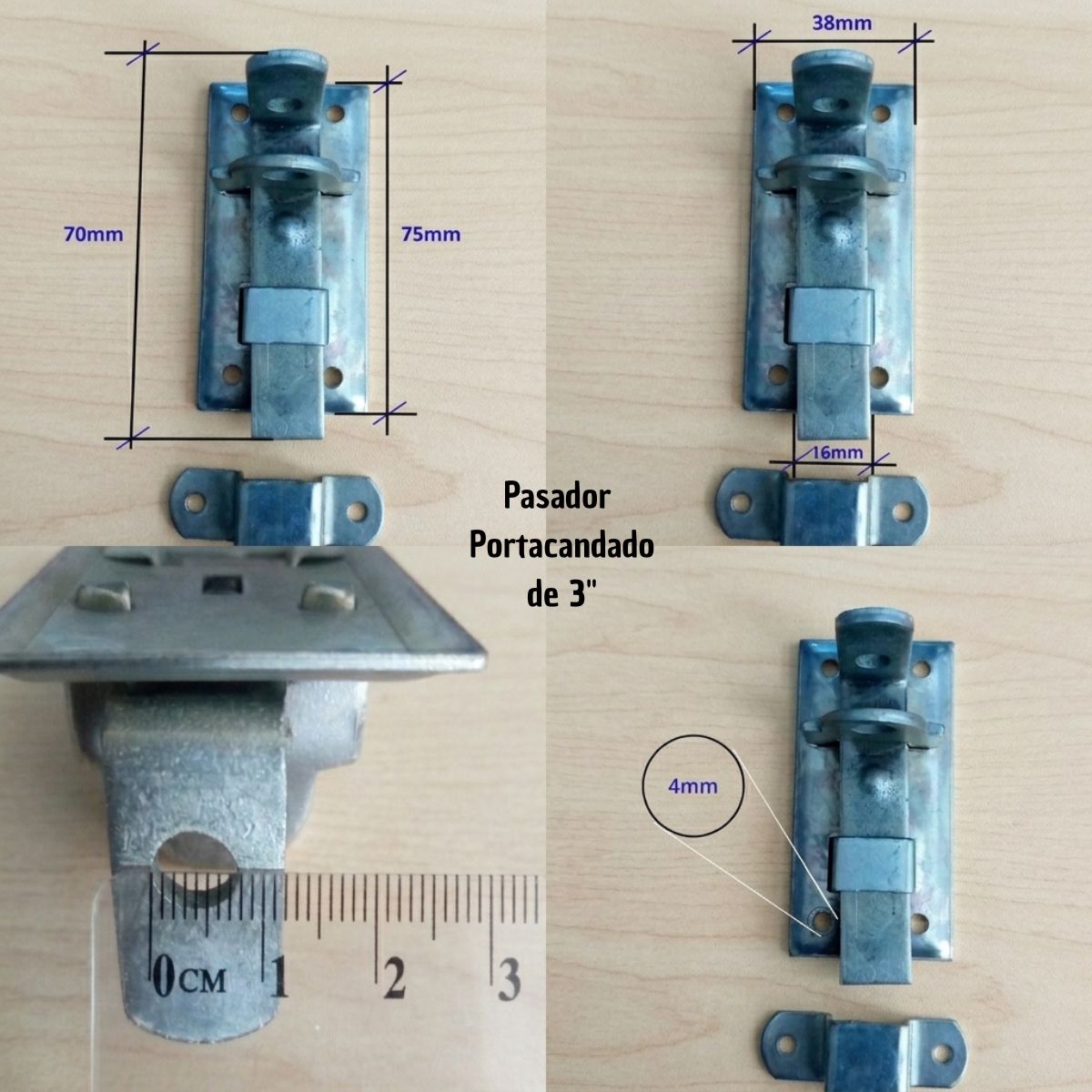 Foto técnica de todas las dimensiones (largo, ancho, diámetro del orificio) del pasador portacandado de 3" galvanizado.